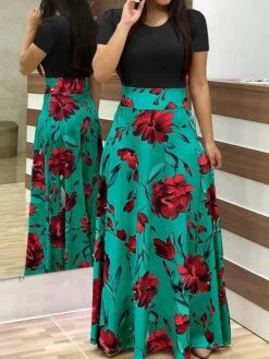 Women's Shift Dress Maxi Long Dress White Black Red Blushing Pink Green Short Sleeve Floral Patchwork Print Fall Winter Round Neck Hot Chinoiserie Batwing Sleeve Cotton 2021 S M L XL XXL -HAYz Clothing Shop zcmetd1599205787649