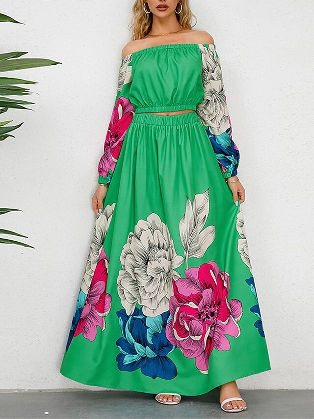 Women's Two Piece Dress Set Casual Dress Skirt Set Daily Going Out Casual Ruched Print Long Dress Maxi Dress Off Shoulder Long Sleeve Floral Regular Fit Blue Green Rose Red Fall Winter S M L XL XXL 12 Women's Two Piece Dress Set Casual Dress Skirt Set Daily Going Out Casual Ruched Print Long Dress Maxi Dress Off Shoulder Long Sleeve Floral Regular Fit Blue Green Rose Red Fall Winter S M L XL XXL - Image 12