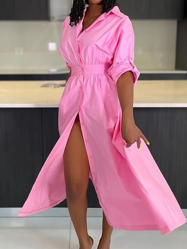 Women's Shirt Dress Midi Dress Outdoor Office Daily Polyester Fashion Romantic Shirt Collar Button Long Sleeve Summer Spring Fall 2023 Slim Yellow Pink Plain S M L XL 2 Women's Shirt Dress Midi Dress Outdoor Office Daily Polyester Fashion Romantic Shirt Collar Button Long Sleeve Summer Spring Fall 2023 Slim Yellow Pink Plain S M L XL - Image 2