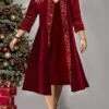 Women's Plus Size Two Piece Dress Set Velvet Dress Party Dress Party Christmas Fashion Elegant Patchwork Sequin Midi Dress V Neck 3/4 Length Sleeve Plain Regular Fit Wine Fall Winter L XL XXL 3XL 4XL