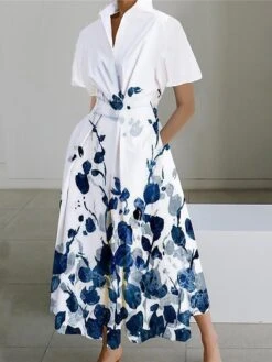 Women's Shirt Dress Casual Dress Swing Dress Maxi Long Dress Outdoor Office Daily Polyester Fashion Modern Shirt Collar Button Pocket Short Sleeve Summer Spring 2023 Loose Fit Black White Pink Floral -HAYz Clothing Shop zdhzir1689924470781