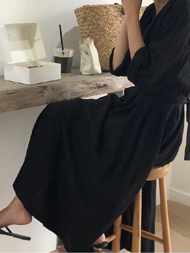 Women's Cotton Linen Dress Loose White Dress Maxi Long Dress Linen Cotton Blend Casual V Neck Puff Sleeve Tie Belt Half Sleeve Summer Spring 2022 Regular Fit Black White Pure Color S M L XL 5 Women's Cotton Linen Dress Loose White Dress Maxi Long Dress Linen Cotton Blend Casual V Neck Puff Sleeve Tie Belt Half Sleeve Summer Spring 2022 Regular Fit Black White Pure Color S M L XL - Image 5