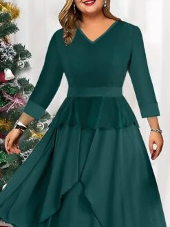 Women's Christmas Plus Size Curve Winter Dress Casual Dress Chiffon Dress Plain Midi Dress Long Sleeve Ruffle Layered V Neck Fashion Christmas Green Fall Winter L XL XXL 3XL 4XL -HAYz Clothing Shop zdjvyn1697023392184
