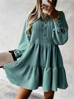 Women's Shirt Dress Casual Dress Mini Dress Outdoor Daily Date Polyester Fashion Modern Crew Neck Ruched Ruffle Long Sleeve Fall Winter 2023 Loose Fit Black Pink Green Plain S M L XL -HAYz Clothing Shop zdxvsb1695714990634