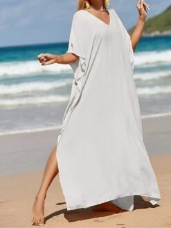 Women's White Dress A Line Dress Cover Up Long Dress Maxi Dress Cotton Basic Casual Outdoor Daily Vacation V Neck Split 3/4 Length Sleeve Summer Spring Fall 2022 Loose Fit Black White Yellow Plain