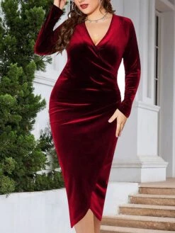 Women's Plus Size Party Dress Velvet Dress Cocktail Dress Midi Dress Black Wine Dark Green Long Sleeve Pure Color Ruched Spring Fall Winter V Neck Fashion Winter Dress Wedding Guest Birthday 2023 XL