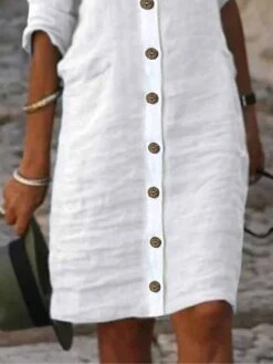 Women's Shirt Dress Casual Dress Cotton Linen Dress Midi Dress Cotton Blend Fashion Basic Outdoor Daily Shirt Collar Button Half Sleeve Summer Spring Fall 2023 Regular Fit Black White Green Plain S M -HAYz Clothing Shop zejjyu1681376450746