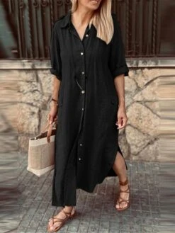 Women's Shirt Dress Casual Dress Cotton Linen Dress Maxi Long Dress Linen Cotton Blend Basic Classic Outdoor Daily Vacation Shirt Collar Pocket Split 3/4 Length Sleeve Summer Spring Fall 2023 Loose -HAYz Clothing Shop zendic1689651623268