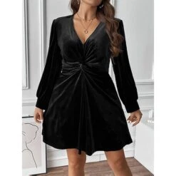 Women's Plus Size Curve Party Dress Black Velvet Dress Cocktail Dress Solid Color Mini Dress Long Sleeve Ruched V Neck Fashion Party Black Fall Winter XL XXL 3XL -HAYz Clothing Shop zenqse1695645442878