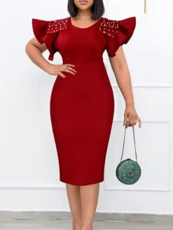 Women‘s Plus Size Curve Party Dress Cocktail Dress Bodycon Solid Color Midi Dress Short Sleeve Ruffle Split Crew Neck Fashion Party Black Wine Summer Spring L XL XXL 3XL -HAYz Clothing Shop zeruvh1679549836309