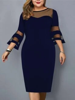 Women‘s Plus Size Curve Party Dress Solid Color Round Neck Mesh 3/4 Length Sleeve Fall Spring Work Vintage Midi Dress Daily Vacation Dress / Summer