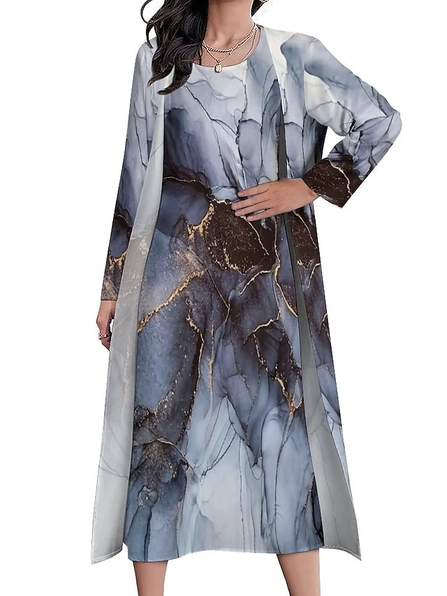 Women's Dress Set Two Piece Dress Shift Dress Midi Dress Dusty Blue Long Sleeve Print Print Summer Spring Crew Neck Stylish Winter Dress Fall Dress Loose Fit 2023 S M L XL XXL 3XL 4XL 5XL 3 Women's Dress Set Two Piece Dress Shift Dress Midi Dress Dusty Blue Long Sleeve Print Print Summer Spring Crew Neck Stylish Winter Dress Fall Dress Loose Fit 2023 S M L XL XXL 3XL 4XL 5XL - Image 3