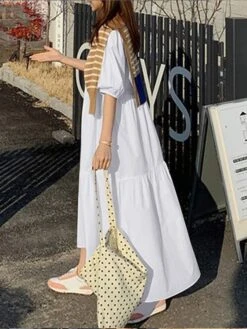Women's Casual Dress Cotton Linen Dress Swing Dress Maxi Long Dress Cotton Blend Basic Casual Outdoor Daily Holiday Crew Neck Ruched Pocket Half Sleeve Summer Spring 2023 Loose Fit Black White Red -HAYz Clothing Shop zfdpyj1657768777001