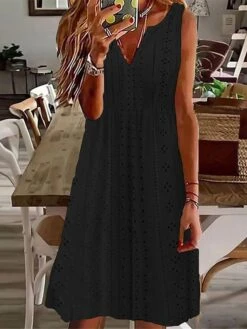 Women's Casual Dress Cotton Linen Dress White Dress Midi Dress Polyester Basic Classic Outdoor Daily Split Neck Eyelet Sleeveless Summer Spring 2023 Regular Fit Black White Pink Plain S M L XL 2XL -HAYz Clothing Shop zflmkn1687233992646