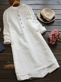 Women‘s Plus Size Curve Shirt Dress Casual Dress White Dress Solid Color Midi Dress Long Sleeve Button Stand Collar Basic Daily Black White Spring Fall L XL XXL 3XL 4XL