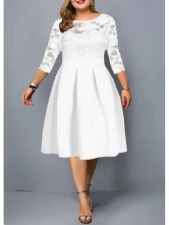 Women‘s Plus Size Curve Party Dress Solid Color Crew Neck Lace 3/4 Length Sleeve Spring Fall Elegant Prom Dress Mature Knee Length Dress Formal Party Dress -HAYz Clothing Shop zfvkql1673244822473