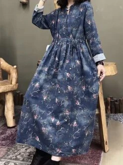 Women's Casual Dress Cotton Linen Dress Swing Dress Maxi Long Dress Linen Cotton Blend Daily Casual Outdoor Daily Vacation Split Neck Button Print Long Sleeve Spring Fall Winter 2023 Loose Fit Wine -HAYz Clothing Shop zgcilq1695284229183