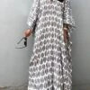 Women's Casual Dress Cotton Linen Dress A Line Dress Maxi Long Dress Polyester Fashion Casual Outdoor Daily Vacation V Neck Print 3/4 Length Sleeve Spring Fall Winter 2023 Loose Fit White Leaf