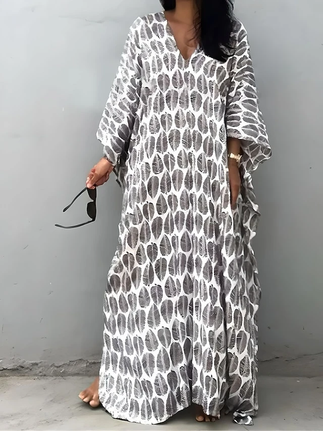 Women's Casual Dress Cotton Linen Dress A Line Dress Maxi Long Dress Polyester Fashion Casual Outdoor Daily Vacation V Neck Print 3/4 Length Sleeve Spring Fall Winter 2023 Loose Fit White Leaf 1 Women's Casual Dress Cotton Linen Dress A Line Dress Maxi Long Dress Polyester Fashion Casual Outdoor Daily Vacation V Neck Print 3/4 Length Sleeve Spring Fall Winter 2023 Loose Fit White Leaf