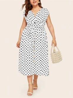 Women‘s Plus Size Curve Flattering Dresses Elegant Apple Shaped Dress Casual Dress A Line Dress Polka Dot Midi Dress Sleeveless Print V Neck Fashion Daily Black White Spring Summer Dress -HAYz Clothing Shop zgprnm1672800410152