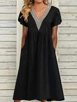 Women's Casual Dress Cotton Dress Swing Dress Midi Dress Cotton Blend Fashion Basic Outdoor Daily Vacation V Neck Ruched Patchwork Short Sleeve Summer Spring 2023 Loose Fit Black White Wine Color 6 Women's Casual Dress Cotton Dress Swing Dress Midi Dress Cotton Blend Fashion Basic Outdoor Daily Vacation V Neck Ruched Patchwork Short Sleeve Summer Spring 2023 Loose Fit Black White Wine Color -HAYz Clothing Shop zgttdb1682564553014