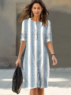 Women's Casual Dress Cotton Linen Dress Shift Dress Midi Dress Polyester Fashion Casual Daily Outdoor Daily Vacation Crew Neck Button Print 3/4 Length Sleeve Summer Spring Fall 2023 Loose Fit White