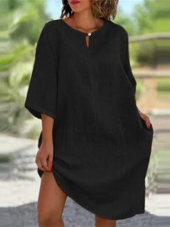 Women's Casual Dress Cotton Linen Dress Midi Dress Linen / Cotton Blend Daily Casual Daily Outdoor Vacation Weekend Crew Neck Button Pocket 3/4 Length Sleeve Summer Spring Fall 2023 Loose Fit Black -HAYz Clothing Shop zgzrxc1689762274239