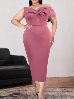 Women's Plus Size Curve Party Dress Bodycon Sheath Dress Plain Midi Dress Short Sleeve Backless Split One Shoulder Fashion Party Pink Spring Fall XL XXL 3XL 4XL