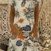 Women's Casual Dress Cotton Linen Dress A Line Dress Midi Dress Cotton Blend Basic Classic Outdoor Daily Vacation V Neck Short Sleeve Summer Spring 2023 Loose Fit Apricot Leaf Floral M L XL 2XL
