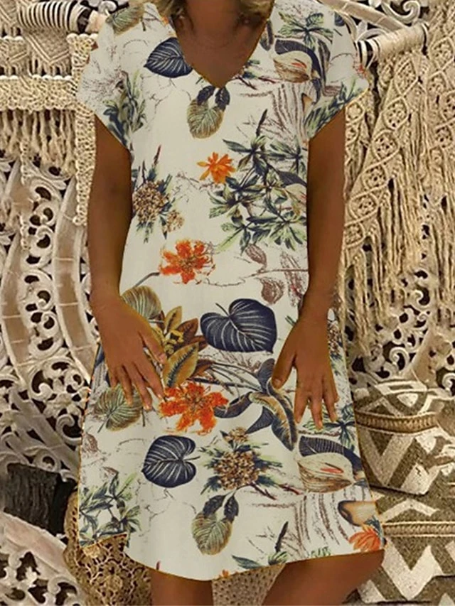 Women's Casual Dress Cotton Linen Dress A Line Dress Midi Dress Cotton Blend Basic Classic Outdoor Daily Vacation V Neck Short Sleeve Summer Spring 2023 Loose Fit Apricot Leaf Floral M L XL 2XL 1 Women's Casual Dress Cotton Linen Dress A Line Dress Midi Dress Cotton Blend Basic Classic Outdoor Daily Vacation V Neck Short Sleeve Summer Spring 2023 Loose Fit Apricot Leaf Floral M L XL 2XL