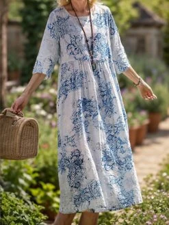 Women's Casual Dress Cotton Linen Dress Swing Dress Midi Dress Linen / Cotton Blend Sweet Style Modern Outdoor Daily Holiday Crew Neck Print 3/4 Length Sleeve Fall Winter Autumn 2023 Loose Fit Light