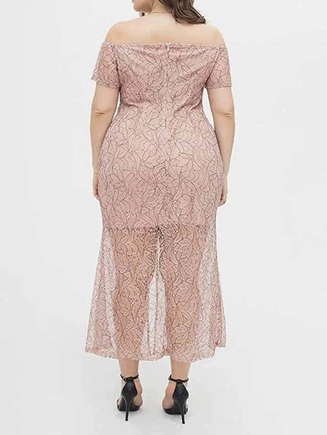 Women's Plus Size Prom Dress Party Dress Lace Dress Long Dress Maxi Dress Pink Short Sleeve Pure Color Lace Summer Spring Fall Off Shoulder Fashion Wedding Guest Birthday Evening Party 2023 XL XXL 3 Women's Plus Size Prom Dress Party Dress Lace Dress Long Dress Maxi Dress Pink Short Sleeve Pure Color Lace Summer Spring Fall Off Shoulder Fashion Wedding Guest Birthday Evening Party 2023 XL XXL - Image 3