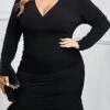 Women's Plus Size Curve Party Dress Bodycon Sheath Dress Plain Midi Dress Long Sleeve Ruched Ruffle V Neck Fashion Party Black Fall Winter XL XXL 3XL