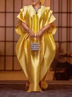 Women‘s Plus Size Curve Casual Dress Shift Dress Kaftan Dress Solid Color Long Dress Maxi Dress Half Sleeve Ruffle Crew Neck Elegant Vacation White Yellow Summer Spring One Size