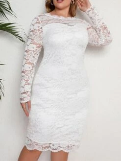 Women‘s Plus Size Curve Party Dress Lace Dress Sheath Dress Solid Color Midi Dress Long Sleeve Lace Crew Neck Modern Party White Summer Spring XL XXL 3XL 4XL 5XL -HAYz Clothing Shop zihkul1678868082465
