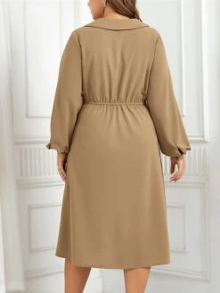 Women's Plus Size Curve Winter Dress Sheath Dress Plain Midi Dress Long Sleeve Ruched V Neck Fashion Outdoor Khaki Fall Winter XL XXL 3XL 4XL -HAYz Clothing Shop zinysl1695096076112