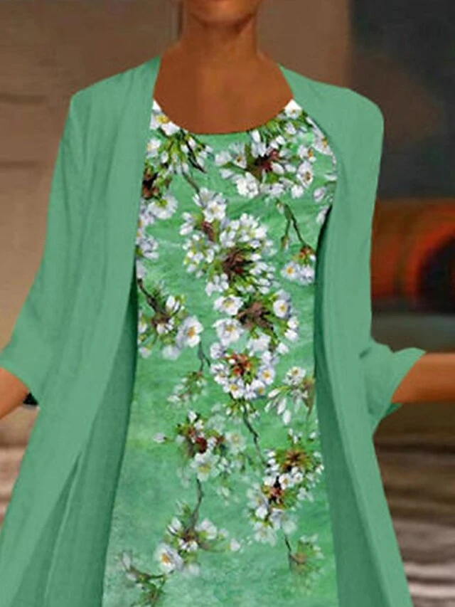 Women's Two Piece Dress Set Casual Dress Chiffon Dress Outdoor Office Fashion Casual Print Midi Dress Crew Neck 3/4 Length Sleeve Floral Loose Fit Blue Green Summer Spring M L XL XXL 3XL 2 Women's Two Piece Dress Set Casual Dress Chiffon Dress Outdoor Office Fashion Casual Print Midi Dress Crew Neck 3/4 Length Sleeve Floral Loose Fit Blue Green Summer Spring M L XL XXL 3XL - Image 2