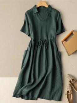 Women's Casual Dress Cotton Linen Dress A Line Dress Midi Dress Cotton Blend Basic Casual Outdoor Vacation Shirt Collar Pocket Short Sleeve Summer Spring 2023 Regular Fit Red Green Gray Plain M L XL -HAYz Clothing Shop zixopv1682673449697
