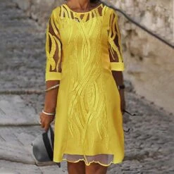 Women's Plus Size Curve Casual Dress Shift Dress Solid Color Round Neck Lace 3/4 Length Sleeve Fall Spring Dress Work Casual Daily Midi Dress -HAYz Clothing Shop zjlbci1658225007379