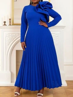 Women's Plus Size Curve Party Dress Work Dress Swing Dress Plain Long Dress Maxi Dress Long Sleeve Pleated Ruffle Crew Neck Fashion Party Blue Fall Winter XL XXL 3XL 4XL -HAYz Clothing Shop zjoslx1694425968672