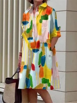 Women's Shirt Dress Casual Dress Midi Dress Outdoor Office Daily Polyester Fashion Modern Shirt Collar Button Pocket Long Sleeve Fall Winter 2023 Loose Fit Yellow Dark Pink Blue Floral Abstract S M L -HAYz Clothing Shop zjrmbn1693808907535