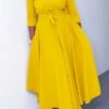 Women‘s Plus Size Curve Casual Dress Swing Dress Solid Color Long Dress Maxi Dress 3/4 Length Sleeve Lace Up Pocket Crew Neck Fashion Daily Yellow Red Spring Summer L XL XXL 3XL