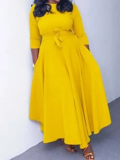 Women‘s Plus Size Curve Casual Dress Swing Dress Solid Color Long Dress Maxi Dress 3/4 Length Sleeve Lace Up Pocket Crew Neck Fashion Daily Yellow Red Spring Summer L XL XXL 3XL