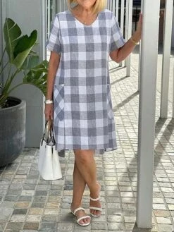 Women's Casual Dress Cotton Linen Dress Shift Dress Midi Dress Cotton Blend Basic Classic Outdoor Daily Vacation V Neck Pocket Print Short Sleeve Summer Spring 2023 Loose Fit Pink Gray Plaid S M L XL