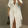 Women's Shirt Dress Casual Dress Cotton Linen Dress Midi Dress Polyester Casual Daily Casual Home Daily Holiday V Neck Button Split Long Sleeve Summer Spring Fall 2023 Loose Fit White Navy Blue Sky