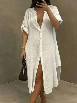 Women's Shirt Dress Casual Dress Cotton Linen Dress Midi Dress Polyester Casual Daily Casual Home Daily Holiday V Neck Button Split Long Sleeve Summer Spring Fall 2023 Loose Fit White Navy Blue Sky