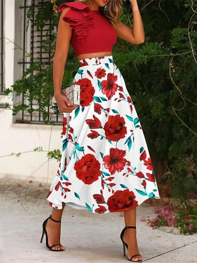 Women's Dress Set Two Piece Dress Skirt Set Midi Dress Pink Blue Sleeveless Floral Ruffle Summer Spring Crew Neck Elegant 2023 S M L XL 3 Women's Dress Set Two Piece Dress Skirt Set Midi Dress Pink Blue Sleeveless Floral Ruffle Summer Spring Crew Neck Elegant 2023 S M L XL - Image 3