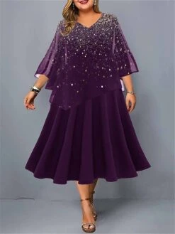 Women's Plus Size Curve Party Dress Cocktail Dress Swing Dress Gradient Midi Dress 3/4 Length Sleeve Layered Print Crew Neck Fashion Party Purple Fall Winter L XL XXL 3XL 4XL