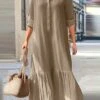 Women's Casual Dress Cotton Dress Swing Dress Maxi Long Dress Cotton Basic Classic Outdoor Daily Vacation Shirt Collar Ruched Button Long Sleeve Spring Fall Winter 2023 Loose Fit Blue Green Khaki