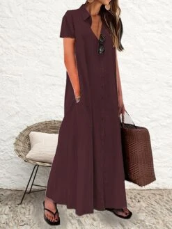 Women's Shirt Dress Casual Dress Cotton Linen Dress Maxi Long Dress Cotton Casual Daily Casual Daily Vacation Weekend Shirt Collar Button Pocket Short Sleeve Summer Spring 2023 Loose Fit Black Wine -HAYz Clothing Shop zllrnx1689937039910